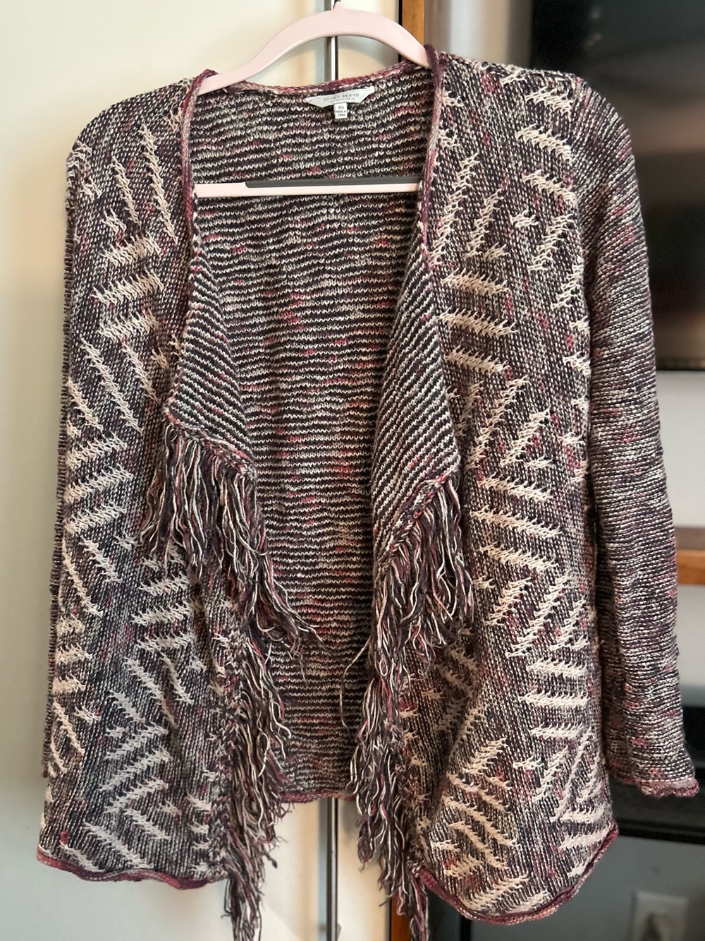 Lucky Brand Burgundy & Cream Fringe Knit Cardigan